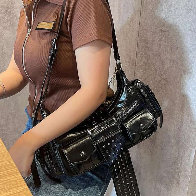 Moto & Biker Bags For Women Designer Handbags Purses 2024 New In PU Oil Wax Leather Multiple Pockets Belt Rivet Shoulder