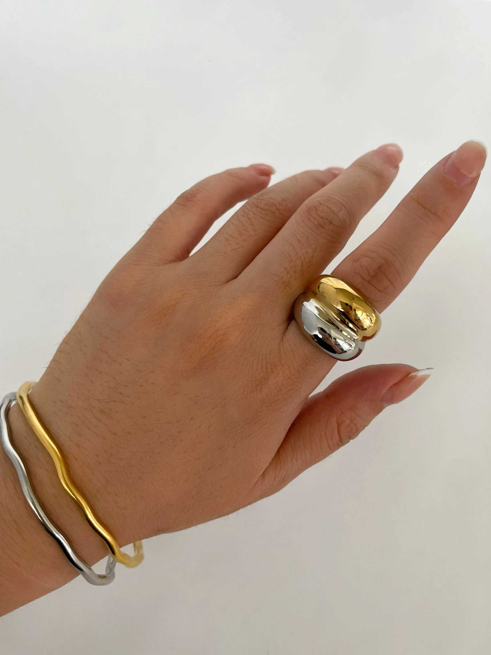 Perisbox Trendy 18K Pvd Gold Silver Plated Two-tone Chunky De Rings for Wen Men Stainless Steel Double Layer Wide Ring Punk X250220