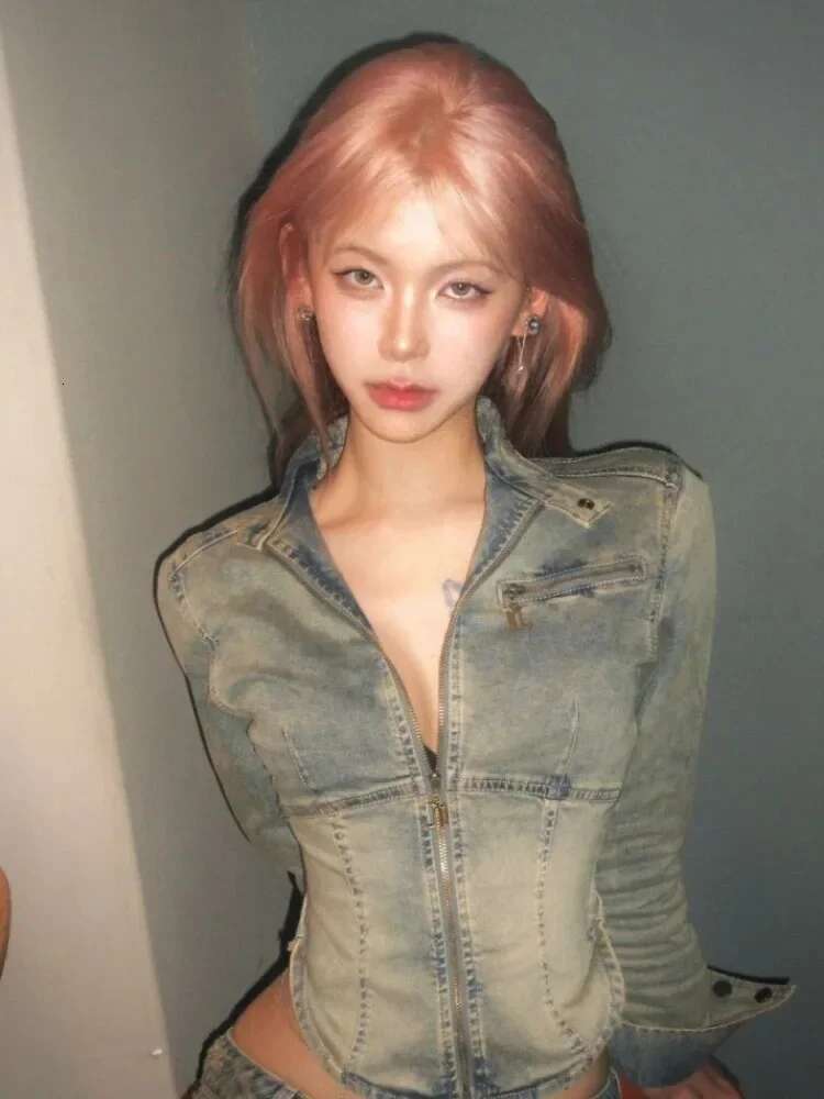 2024 New Vintage Short Denim Women Haruku Retro Y2K Grunge Slim Zipper Jean Jacket Korean Grey Cropped Coats Streetwear