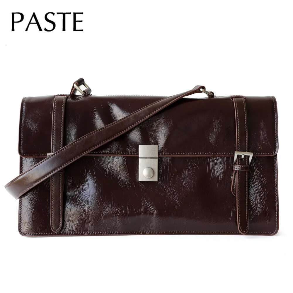 New 2025 Wine Red Glossy Retro Style Trunk Tote Lock Design Cowhide Leather Women Messenger Bag High-End Long-Handle Handbag