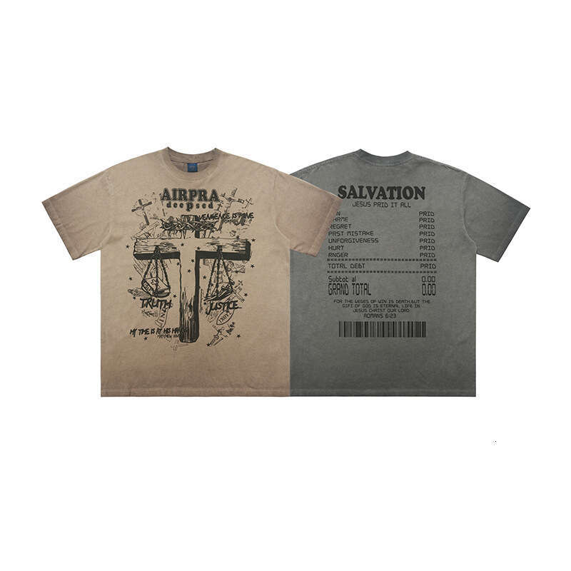 Lawfoo American Trendy Brand Anti Stir Fried Grinding Edge Cross Printed Cotton Short sleeved T-shirt Men's Women's Bottom Top for Autumn an