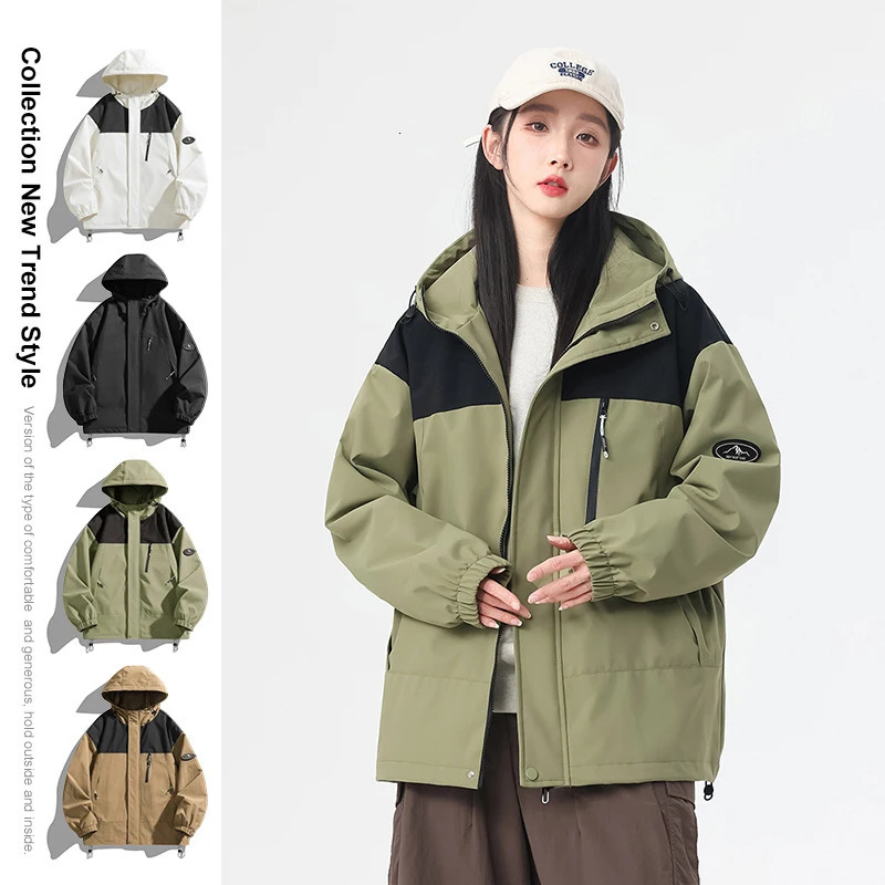 Spring Autumn Casual Jacket Men Women Hiking Outdoor Windproof Coats Hooded Jackets Color Matching Zipper Couple Top 250210