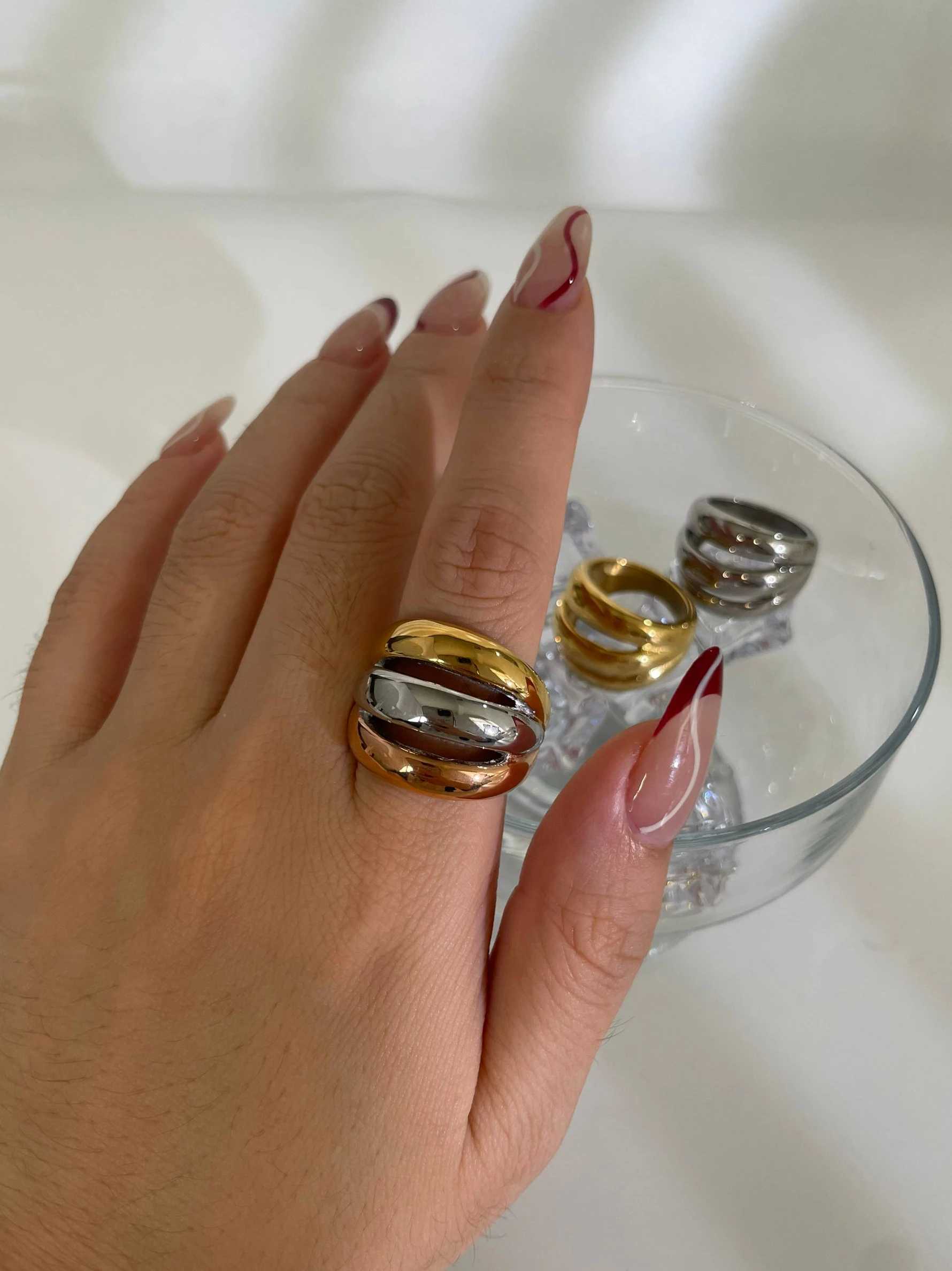 Perisbox Stainless Steel 18K Gold Silver Plated 3 Splicing Color Chunky De Ring Tree-Layer Hollow Rings for Wen Men Unisex X250220