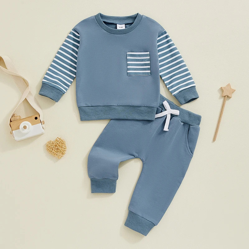 -06-29 Lioraitiin Baby Boy Girl Fall Outfits Striped Long Sleeve Sweatshirt Elastic Waist Pants with Pockets 2 Piece Set 250219
