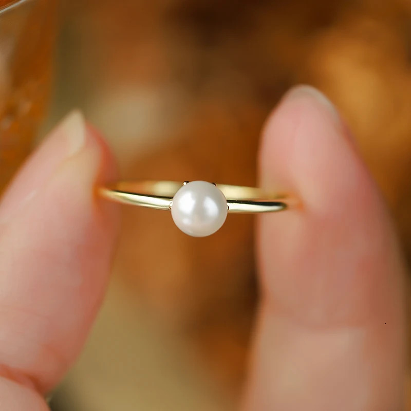 Fashionable Simple and Versatile Genuine S925 Silver 14K Gold Small Pearl Plain Ring Classic Style Ring 250213