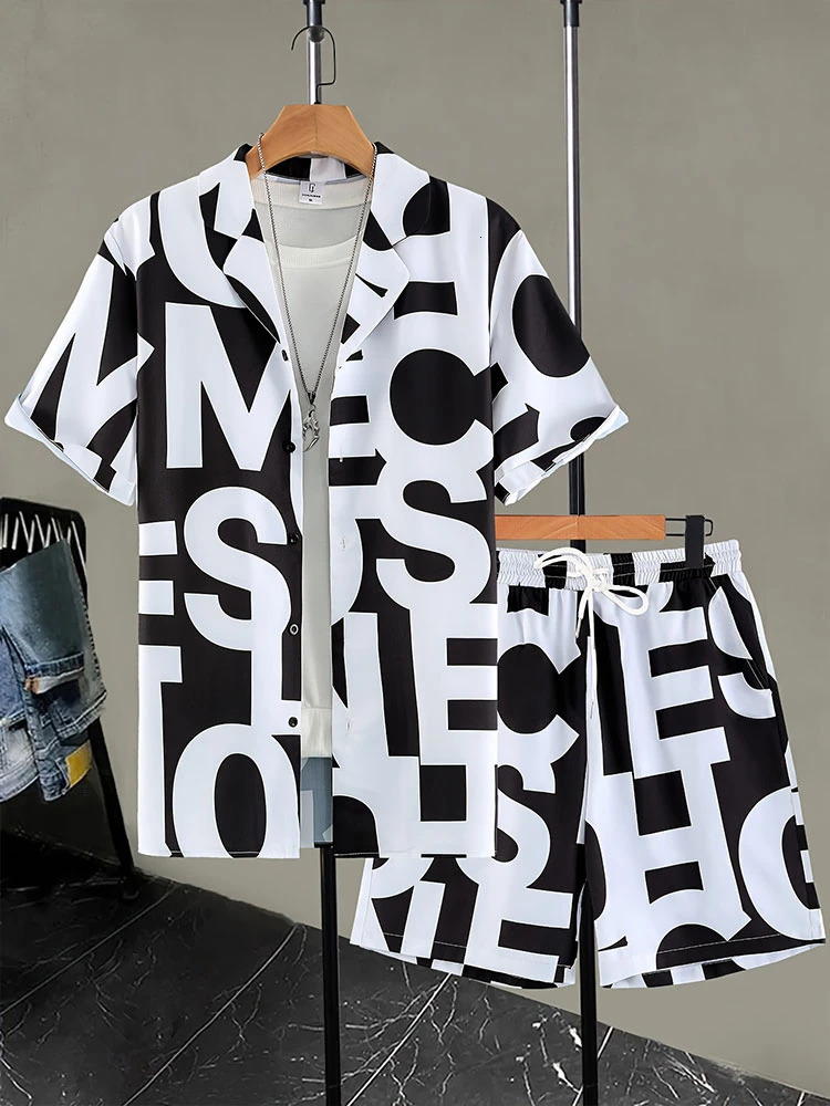 Mens Shirts Fashion Trend Short Sleeve Shorts 2 Piece Sportswear Summer Beach Casual Loose Tops Street Hip Hop Men Sets 250220