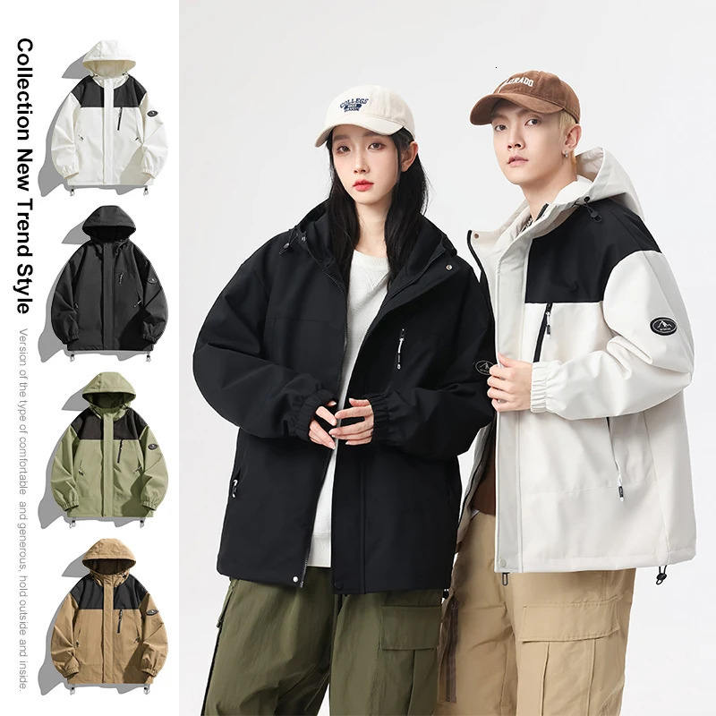 Spring Autumn Casual Jacket Men Women Hiking Outdoor Windproof Coats Hooded Jackets Color Matching Zipper Couple Top 250210