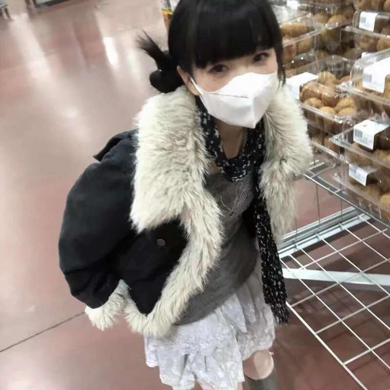 Karrram Y2k Aesthetics Black Denim Grunge Fairycore Jeans Fur Jacket 2000s Haruku Winter Coat Patchwork Vintage Korean