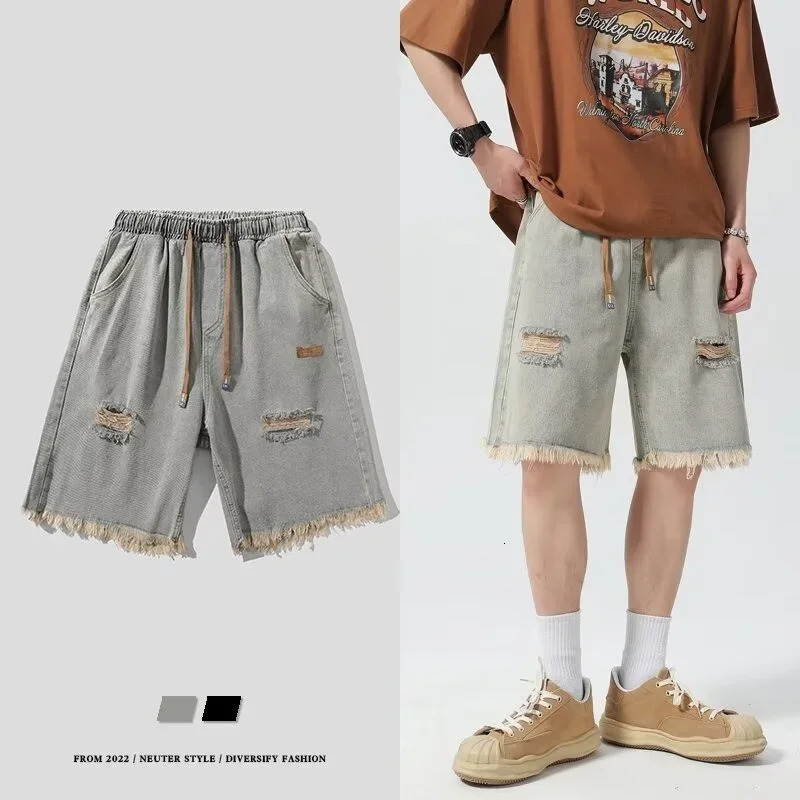 Summer Y2K Vintage Mens Jean Shorts Streetwear Ripped Bermuda Jorts Drawstring Baggy Wide Leg Blue Denim Shorts Pants 250220