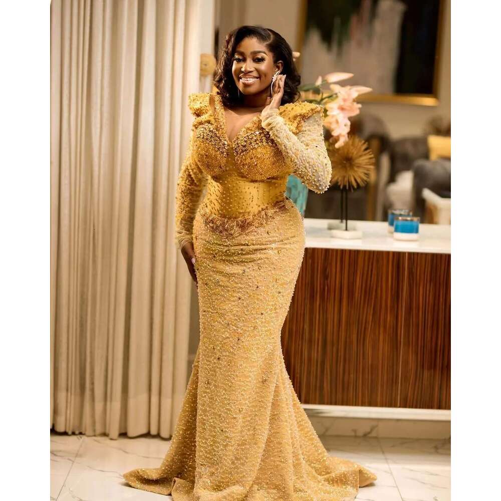 Custom 2025 Gold Illusion Mermaid Ball Gowns Crystals Beaded Sequins Evening Formal Party Birthday prom Dresses
