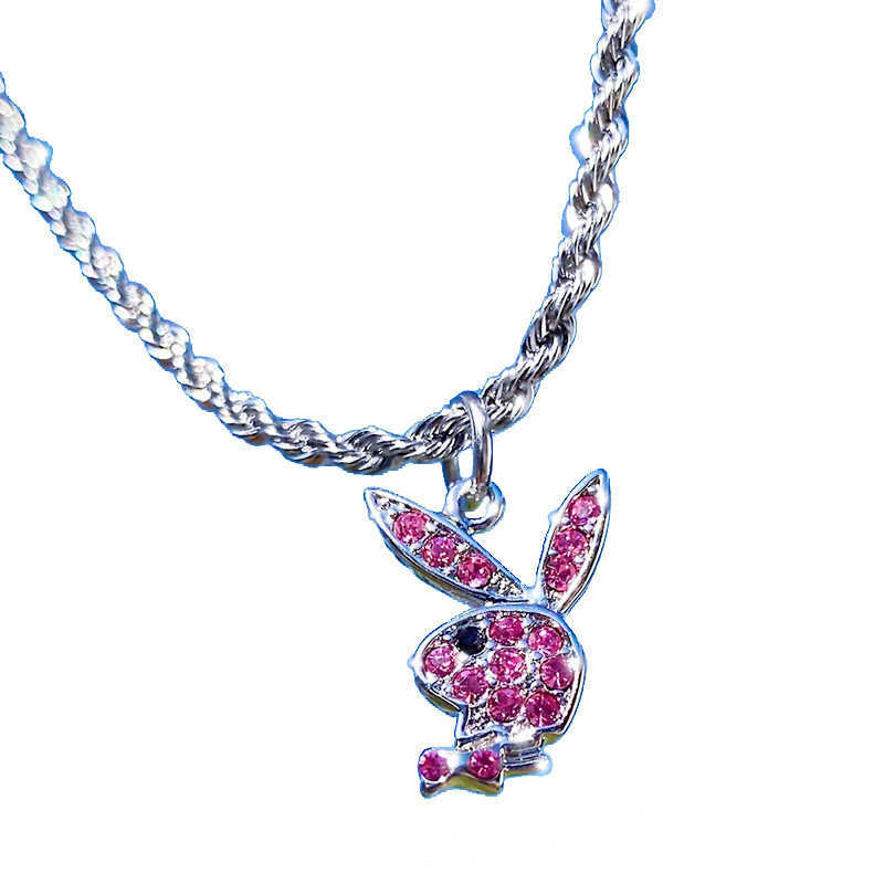Pendant Necklaces Hip hop Street neutral hippop rock stainless steel twist chain full diamond rabbit head Rabbit Necklace H25219
