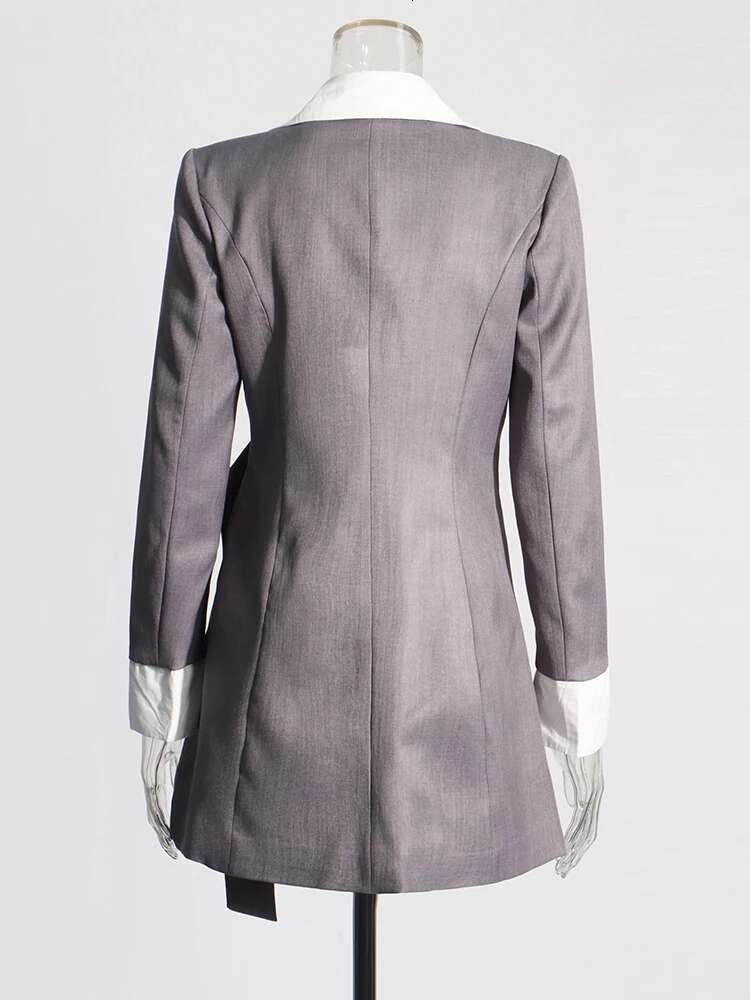 Elegant Casual Spliced Belt Blazer For Women Notched Collar Long Sleeve Patchwork Pocket Colorblock Blazers Female
