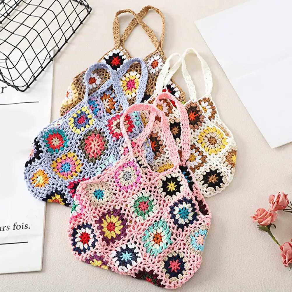 Bohemian crocheted womens shoulder bag knitted multi-color hollow handbag casual knitted handbag summer beach bag Z250219