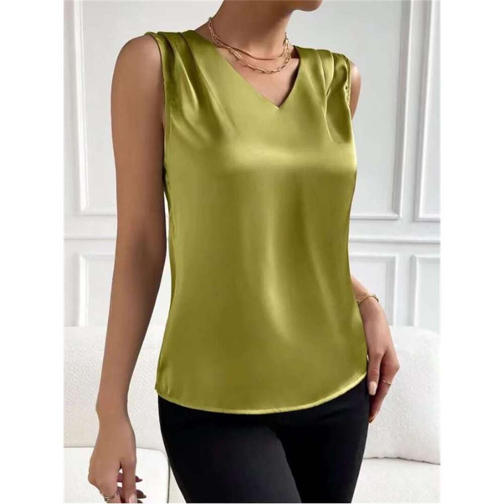 Women Summer Style Blouses Shirts Lady Casual Sleeveless V-Neck Satin Fabric Solid Color Blouse Tops Df5069