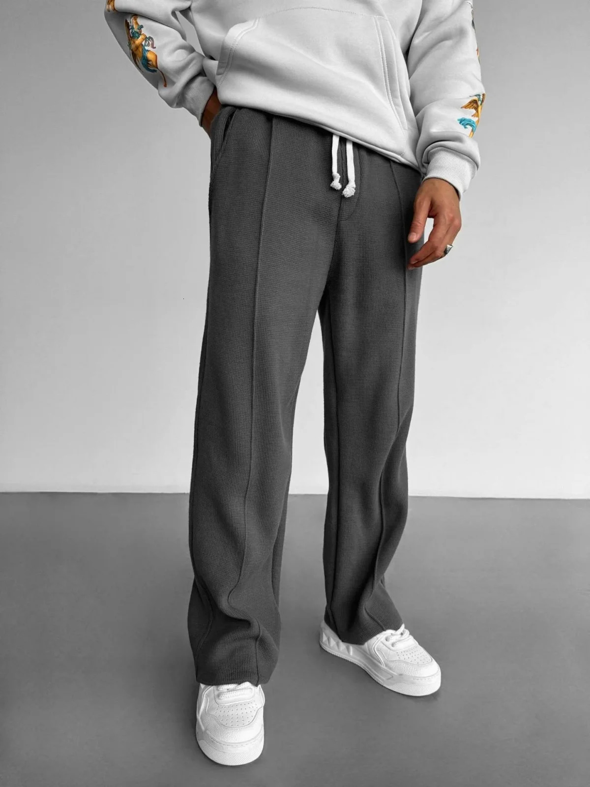Mens business casual solid color waffle rope straight jogging pants suitable for shopping and casual pants 250220