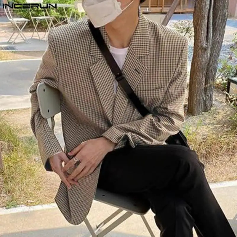 INCERUN Mens Plaid Blazer Lapel Long Sleeve Button Casual Suits Mens Spring Streetwear Elegant Fashion Leisure Coats S-5XL 250220