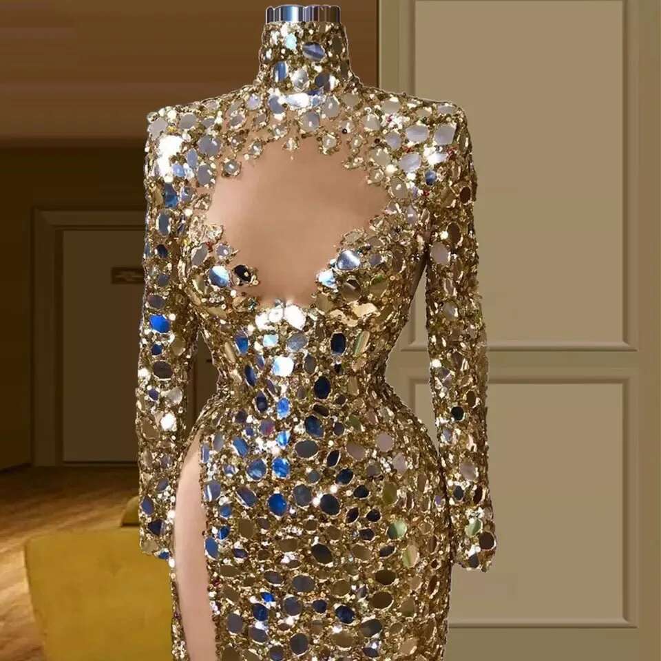 Gold Mirror Sequins Evening Dresses The 2024 Mermaid Beads High Slit Sexy African Female Formal Prom Dress Custom