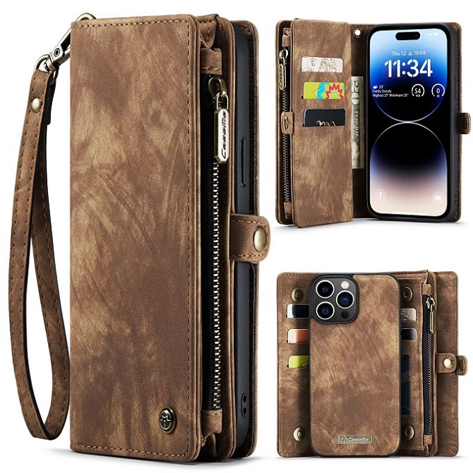 CaseMe Leather Flip Wallet Case Detachable Back Magnetic Closure 2-in-1 Shockproof Zipper Purse Cover for iPhone 16 e 15 14 13 Pro Max Samsung S23 S24 S25 Ultra A72 A71 A70