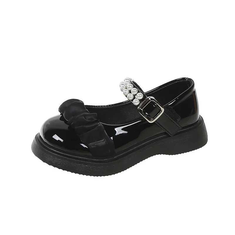 2023 Spring and Summer New Girls Leather Shoes Non-slip Glossy Pearls and Bow Solid Color Simple Baby Casual Shoes Kids Loafers X250220
