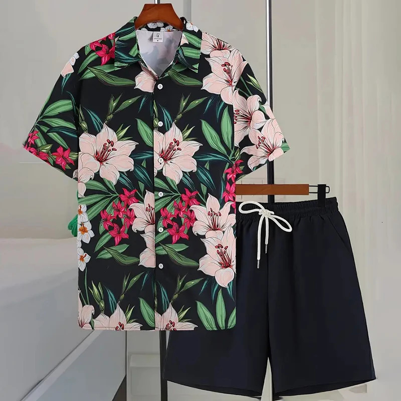 Coconut Tree Print Mens Short Sleeve Shirt And Beach Shorts Sets Summer Fashion Casual Loose Shirts Hawaiian Style Man 250220