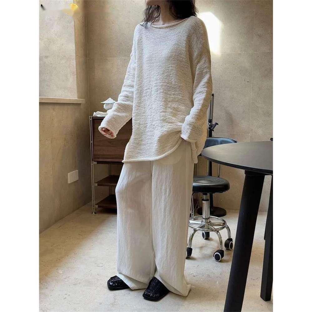 2025 Spring Lazy Collarless Curled Edge Shaped Sweater Women Lightweight Texture Knitting Top Pink/White