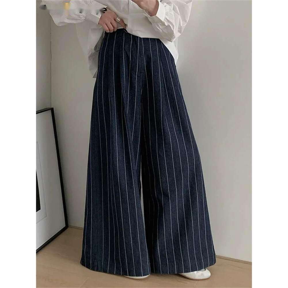 2025 Simple Classic High Waist Striped Blue Denim Wide Leg Pants Women Casual Versatile Jeans