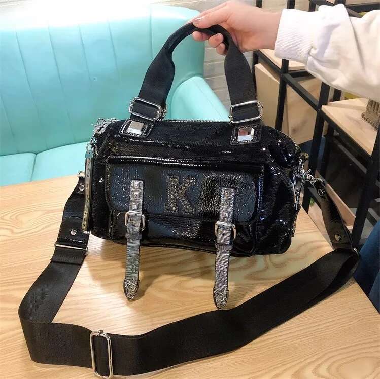High Quality Textured Leather Pillow Glitter Shiny Sequins Large Capacity Women's Handbag Lady Purse Shoulder Messenger Bag