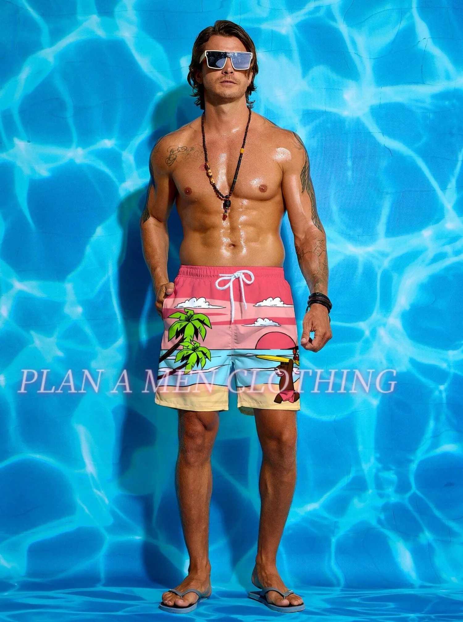 Summer Men Bear Print shorts Outdoors Exercise Adult Beachwear Hawaii Casual vacation shorts and surfing shorts men clothing X250220