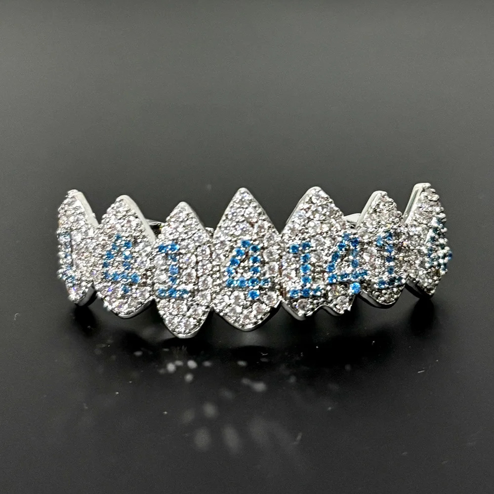 RACHELZ Hip Hop Blue Number 14 CZ Stone Teeth Grills Braces Full Shiny Zircon Tooth Caps For Women Men Jewelry Top Bottom Fangs 250219