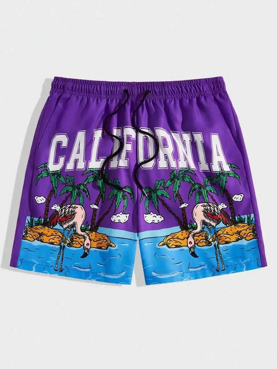 Mens quick drying summer new 3D printed coconut tree flamingo pattern mens sports shorts Hawaii beach shorts X250220