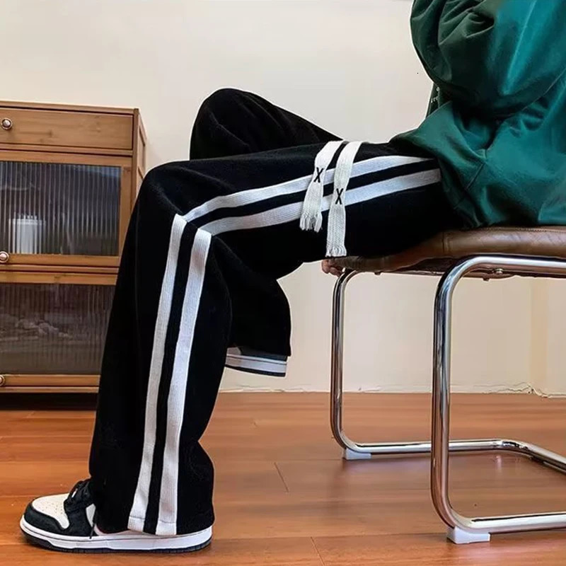 Autumn Baggy Striped Sweatpants Men Fashion Straight Pants Hip Hop Streetwear Harajuku Trousers Joggers Bottoms Y2K Men Clothing 250218