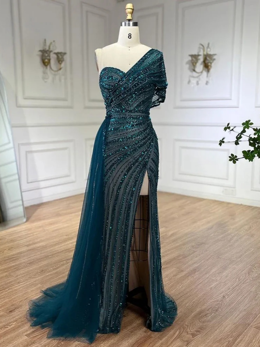 Glittery A Line Evening Dress Beaded Crystal Sequins One Shoulder Prom Gowns High Split Sweep Train Party Dresses Customized