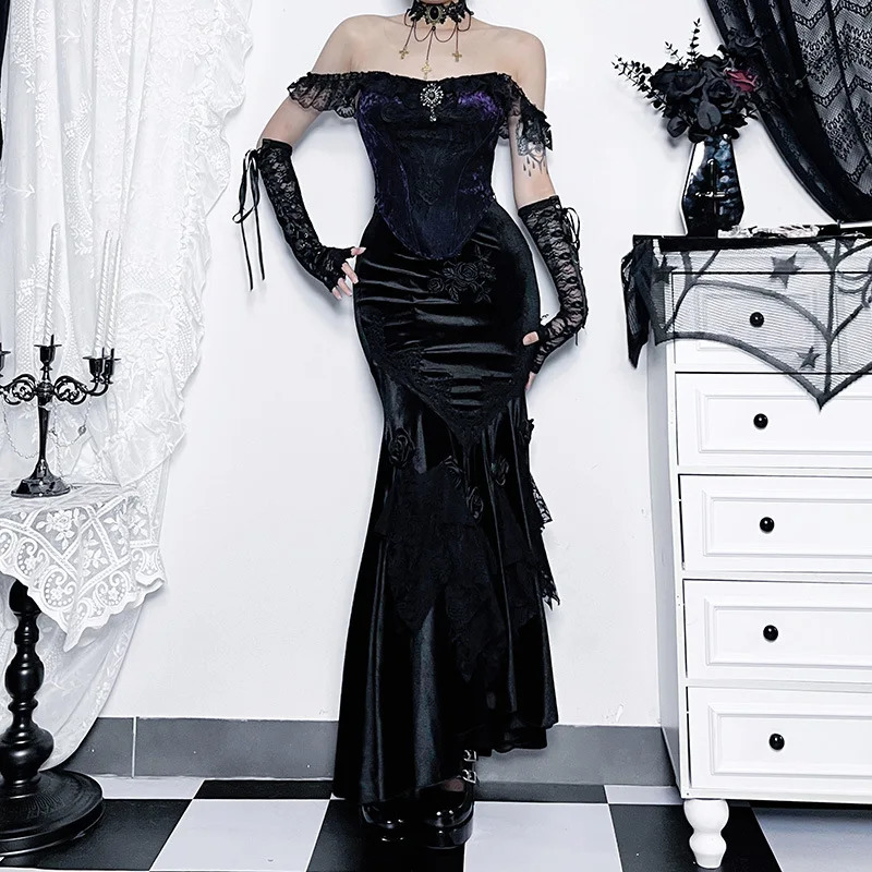 Mall Goth Velvet Fishtail Skirt Women Vintage Jacquard Hip Wrap Fairy Grunge Victorian Ladies Steampunk Long 250220
