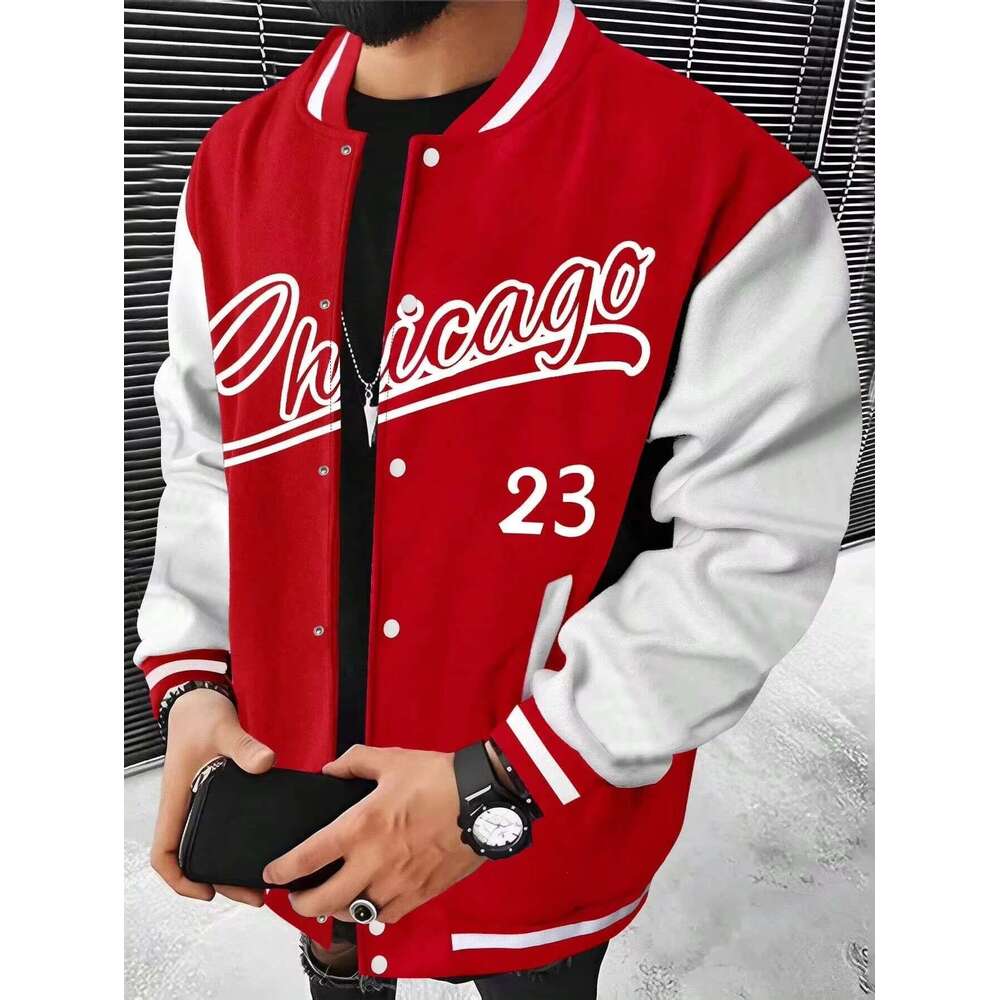 Manfinity - Men's leather baseball jacket, streetwear, printed paper, motorcycle