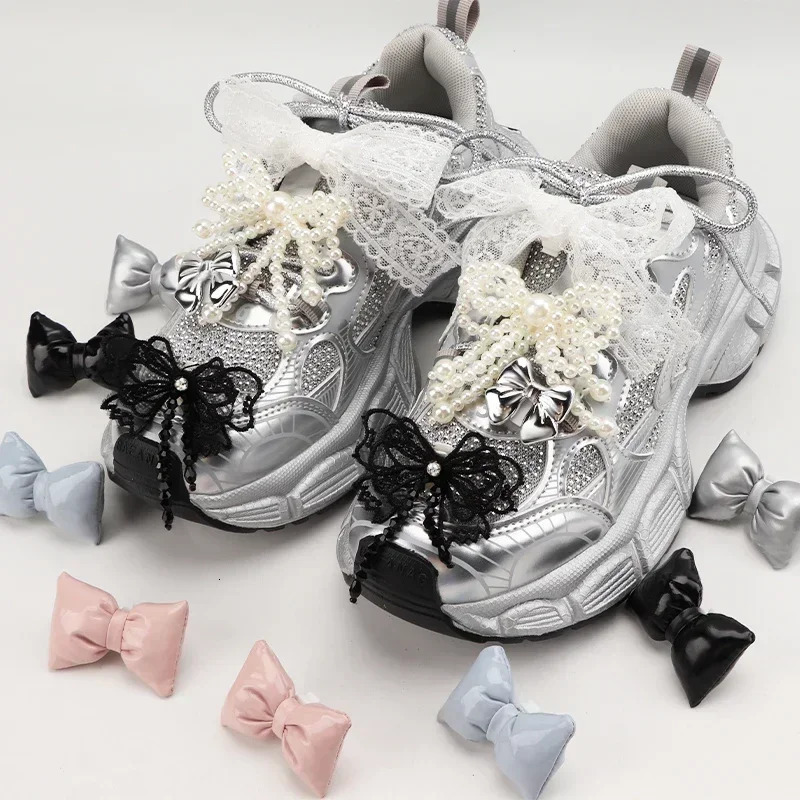 1Pair Buckle Pearl Rhinestone Shoelace Fashion Shoes Charms Bowtie Flower Lace Shoelaces Decoration Shoe Accessoriess for Woman 250219