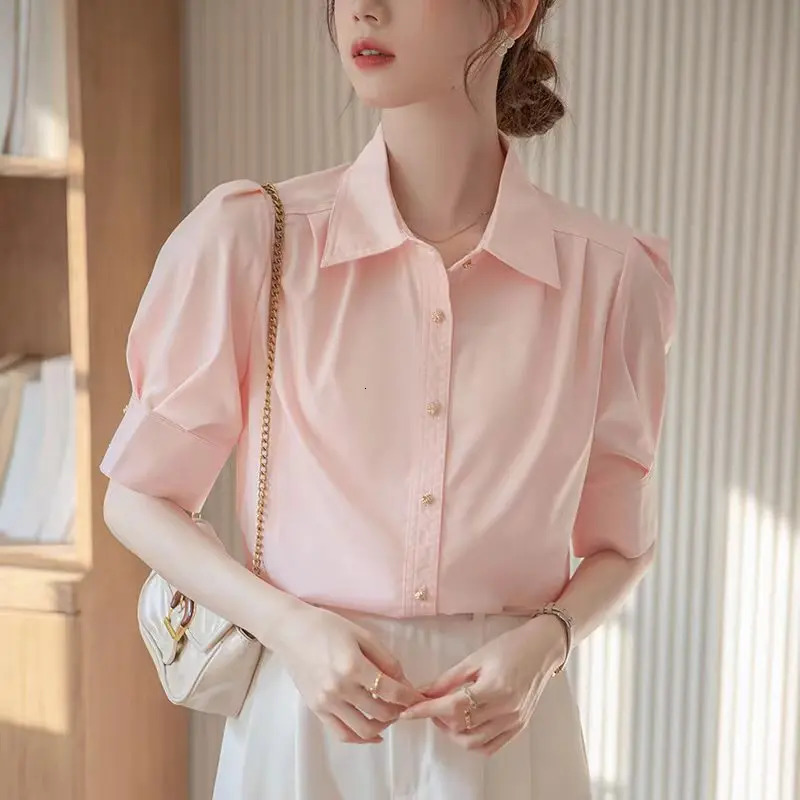 Summer Office Lady Short Sleeve Shirts Womens Solid Color Basic Blouse Korean Fashion Button Up Elegant Female Clothing Tops 250219