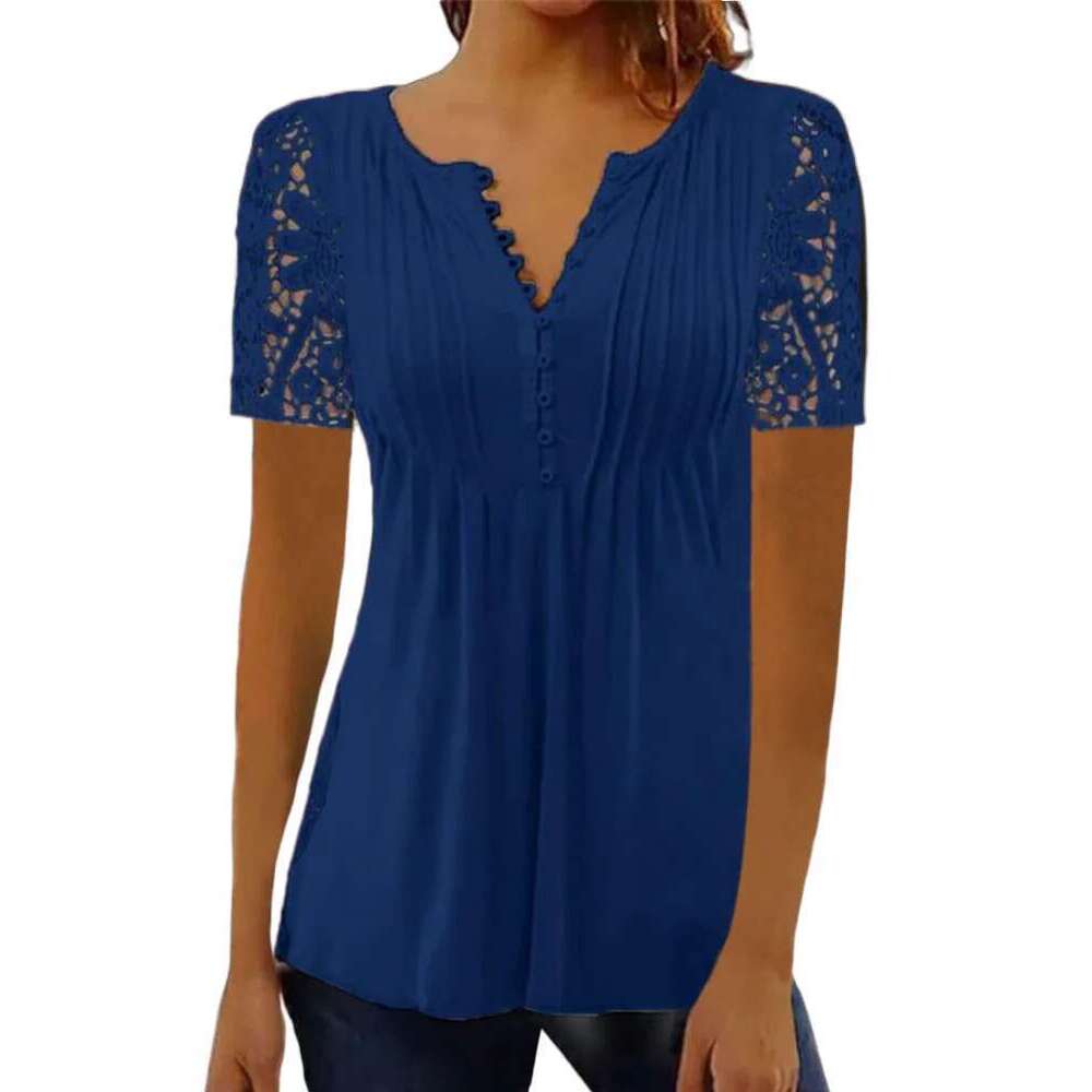 Summer Spring New Women's Loose And Comfortable Casual Lace V Neck Printed Blouse Ral Short Sleeve Elegant Fashion Shirt