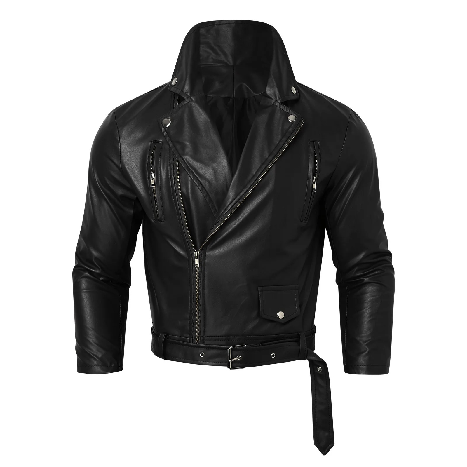 Pu Leather Stylish Jacket Mens Autumn Winter Outwear Motorcycle Riding Zipper Drawstring Belt Windproof Rain Coat 250210