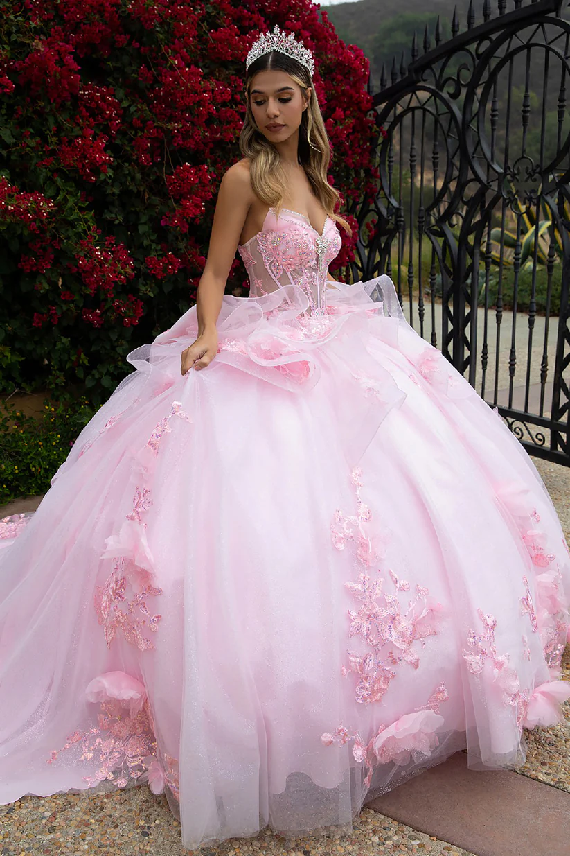 2025 Pink Princess Quinceanera Dress With Bow Back 3D Floral Appliques Corset Ball Gown Birthday Party Gowns Ruffle Long Train Sweet 16 Dresses