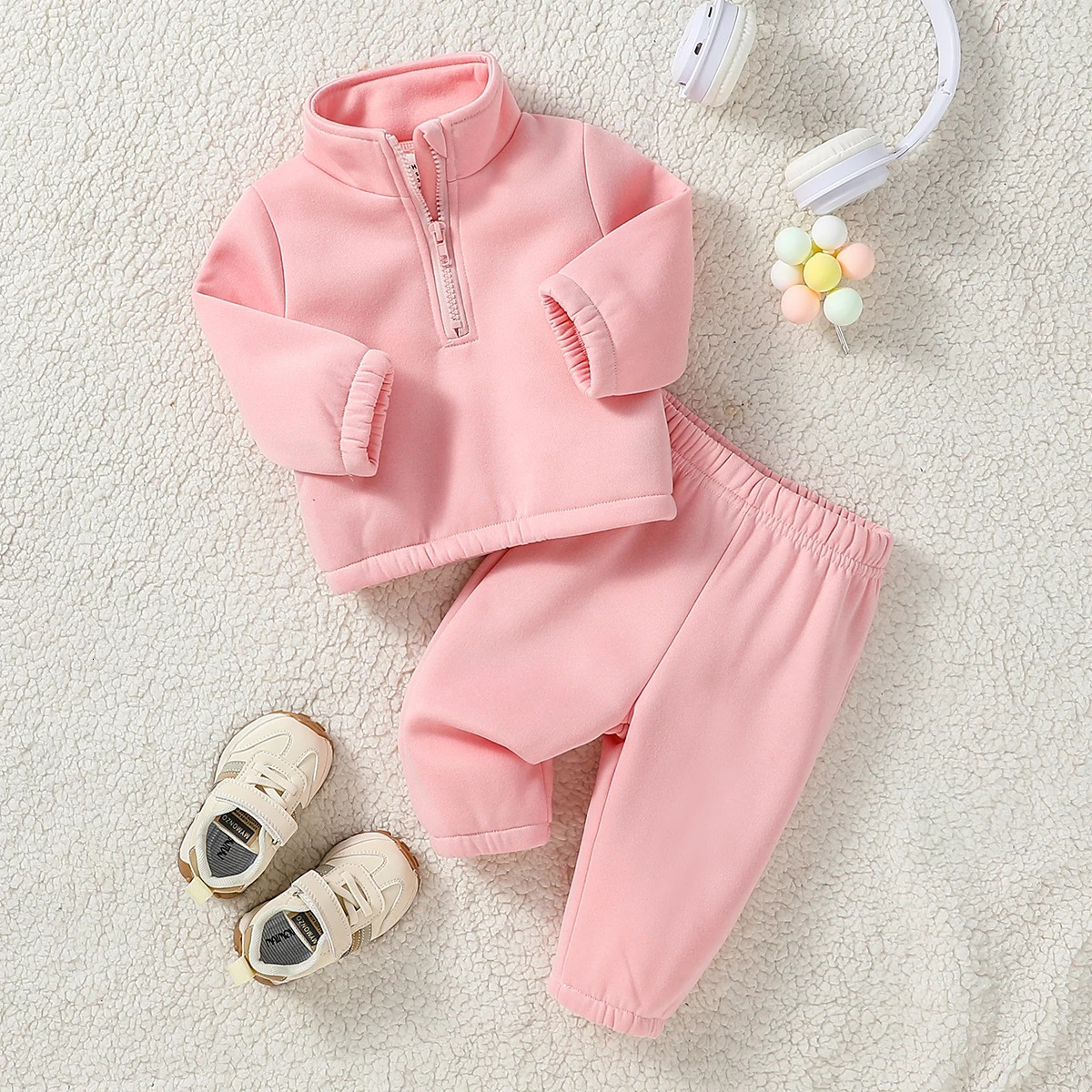 Baby Girl Fall Winter Clothes Solid Color 2 Piece Set Fleece Set Fur Sweasthirt Turtleneck Pants Sportswear For 1-3Y 250220