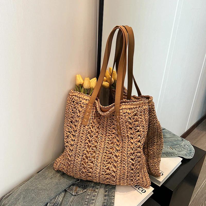 Totes Women's Woven Straw Beach Bag Hand Capacity Large Shoulder Simple Travel Commuting Tote Casual Handbag zhanyishengli