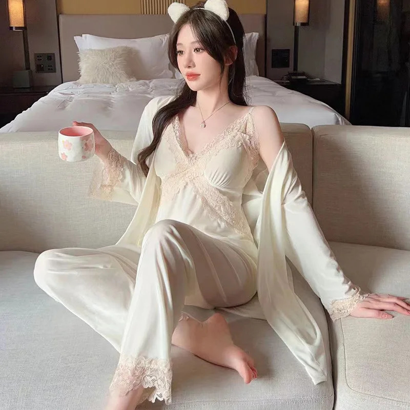 Long-sleeved Trousers Home Dress Pajama for Women Three Piece Pajama Set Women Spring Autumn Winter Sweet Lace Lashing Cardigan 250219