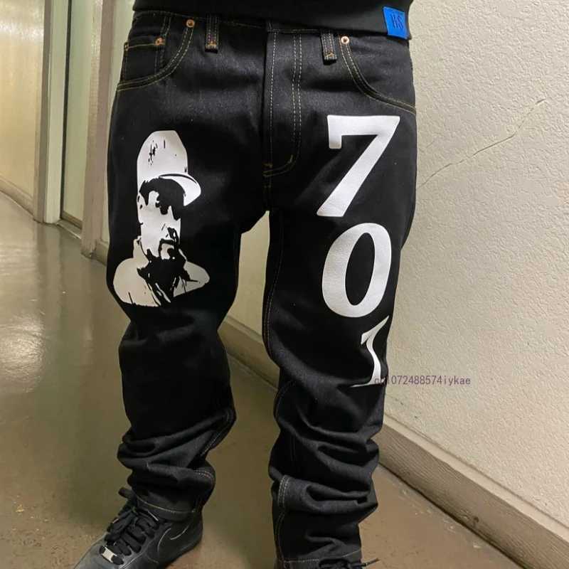 Black Straight Jeans Men Women Ins New Net Red Design Personality Printing Wide Leg Pants Winter Loose High Street Casual Jeans X2502201