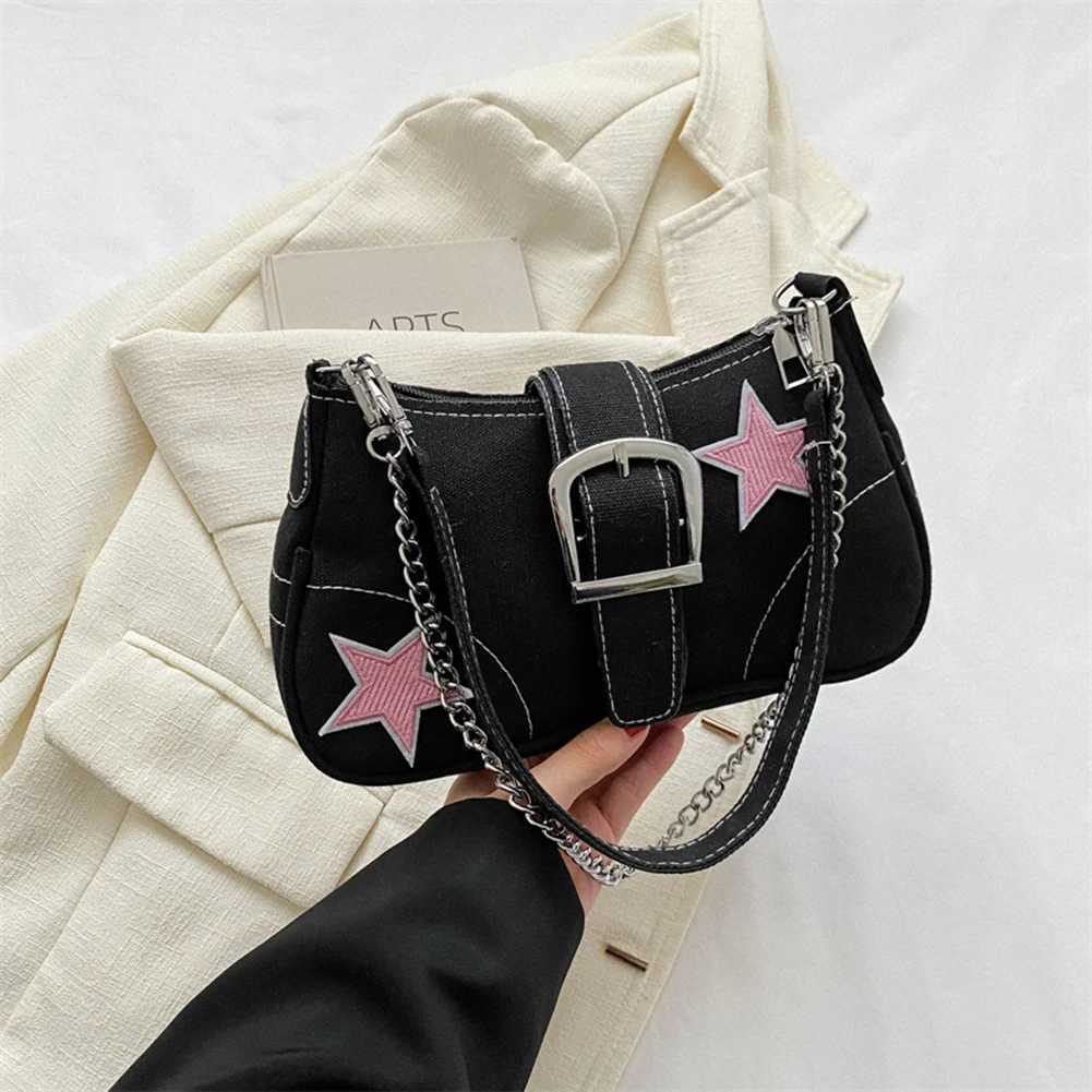 Star Chain Shoulder Bag Y2k Women Satchel Hobo Bag Casual Canvas Versatile Crossbody Armpit Bag Girl Stylish Purses Y250218