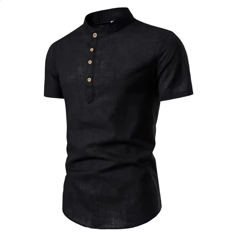Mens casual shortsleeved standup collar vintage solid color shirt 250220