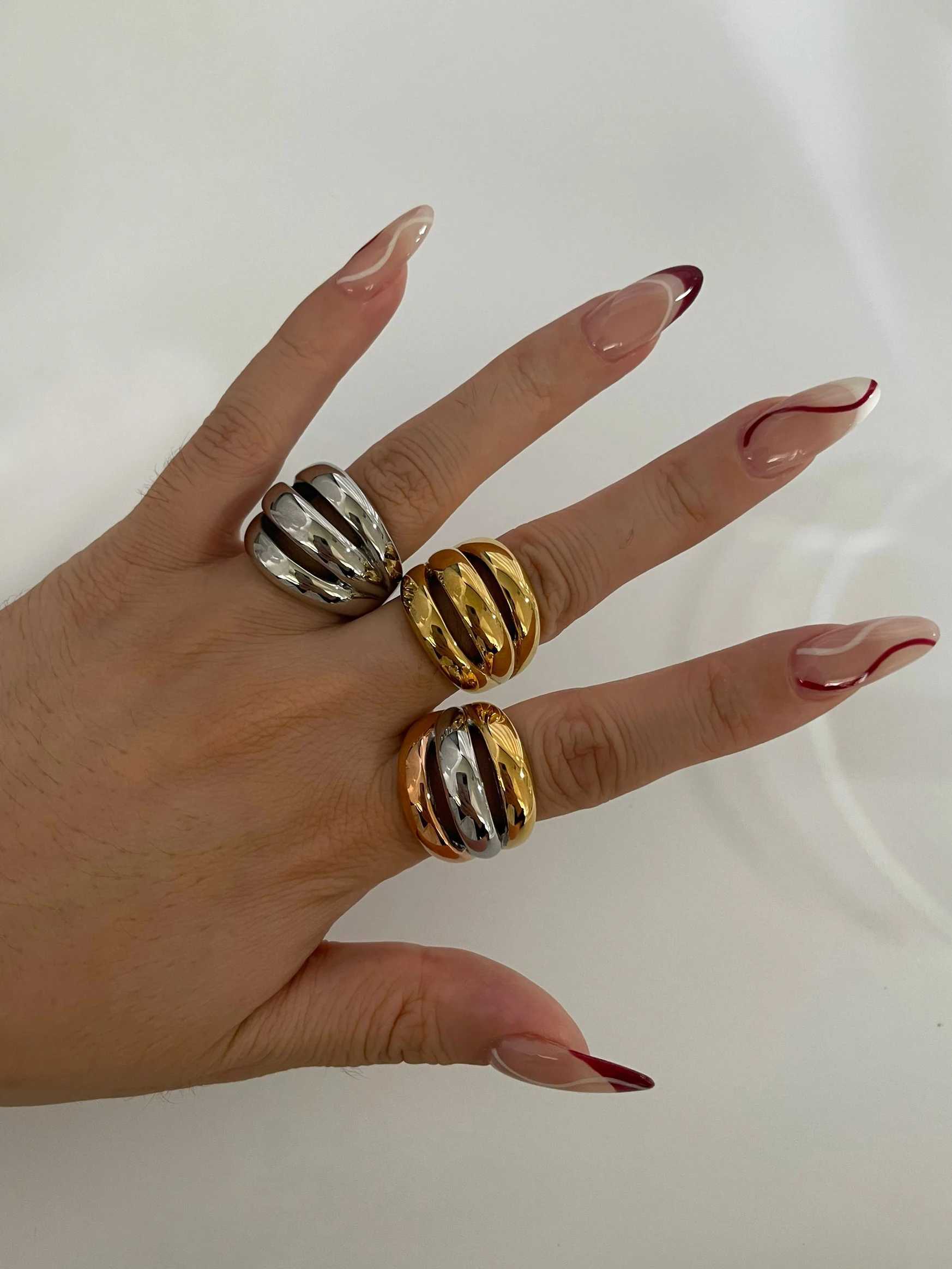 Perisbox Stainless Steel 18K Gold Silver Plated 3 Splicing Color Chunky De Ring Tree-Layer Hollow Rings for Wen Men Unisex X250220