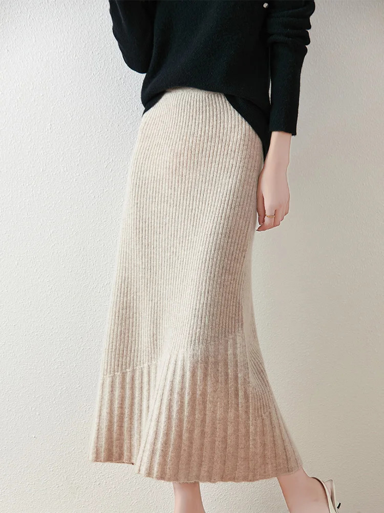 Women 100 Merino Wool Skirt Fishtail Long Autumn Winter Office Lady Soft Cashmere Slim Mermaid Dress 250220