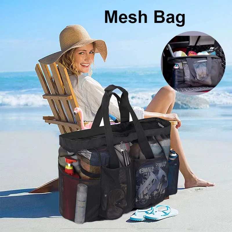 Mesh Beach Bag Large Beach Tote Bag for Family Mesh Durable Toys Bag Waterproof Underwear Pocket for Vacation Must Haves Z250219