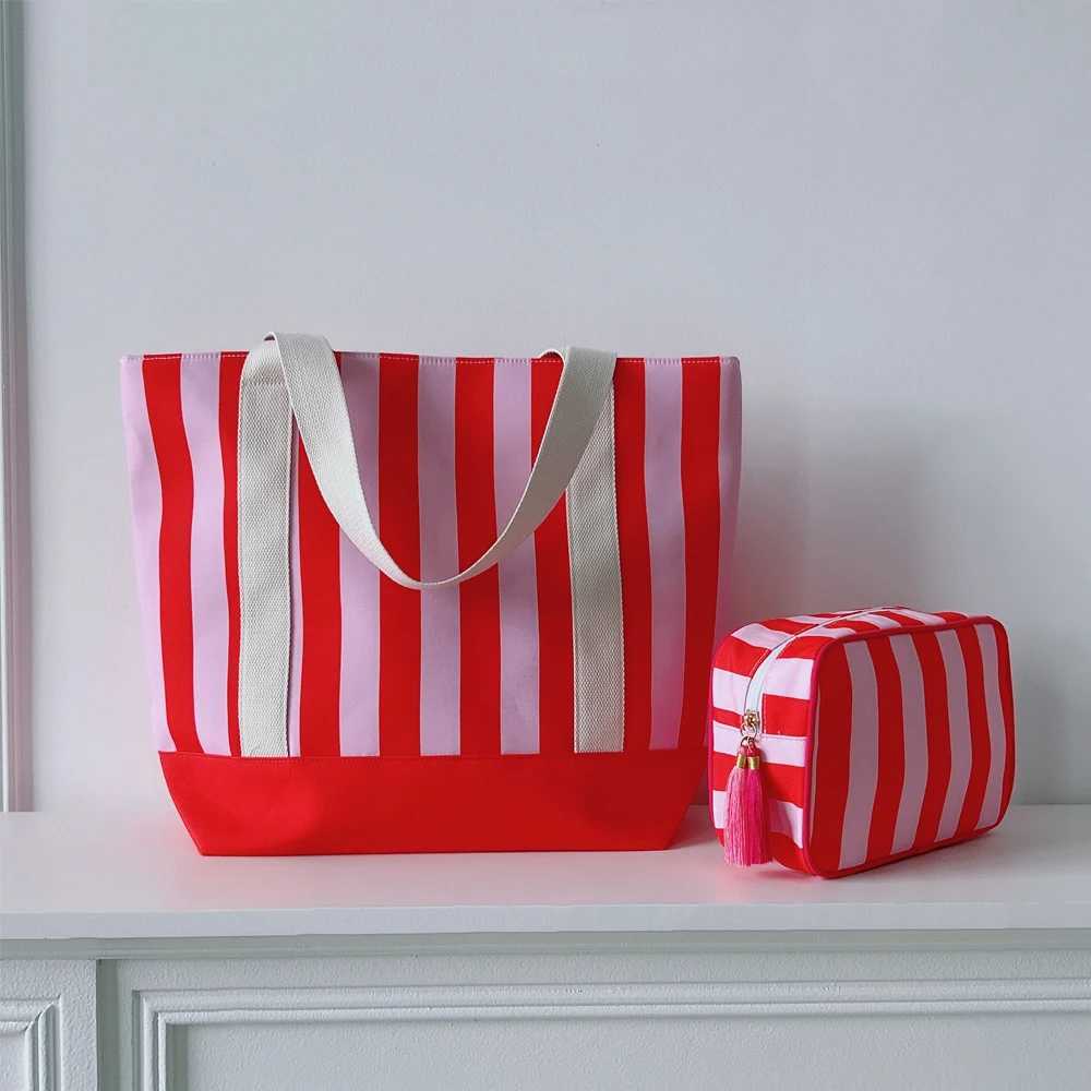 Large Striped Tote Hand Bag For Women Matching Color Cosmetic Bag Durable Canvas Shoulder Bag For Shopping Travel Outdoor Z250219