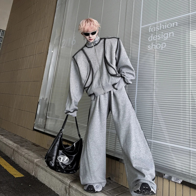 PFNW American High Street Hand-painted Depicted Shoulder Padded Sweatshirt Wide-leg Pants Spring Two Pieces Set 28W6027 250220